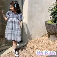 在飛比找momo購物網優惠-【UniKids】中大童裝短袖洋裝 格紋公主裙紗裙 女大童裝