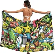 [RPLIFE] White Cat Beach Cover Sarong, Sarong with Fringe, Bathing Suit Shawl, Summer Wrap, Cartoon Doodles of Australia, Medium