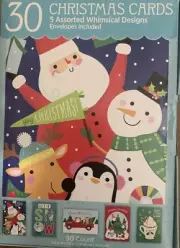 30 Christmas Cards & Envelopes NEW Five Assorted Whimsical Designs Snowman Santa