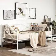 Giantex Metal Daybed Frame Single Size, Modern Single Sofa Bed, Heavy-Duty Steel Slats Support Mattress Foundation, Dual-use Platform Bed Sofa for Living Room, Guest Room, Easy Assembly, White