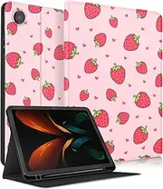 Uppuppy for Samsung Galaxy Tab A8 Case 10.5 Inch Kids Cute Girls Folio Women Girly Kawaii Teens Strawberry Pretty Aesthetic Unique Tablet Cover for Samsung A8 Tab Cases SM-X200/X205/X207