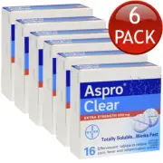 6 x Aspro Clear Extra Strength 16 Soluble Effervescent Tablets 500mg Pain Relief