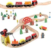 Qilay Wooden Train Set for Toddler - 39 Pcs Train Tracks With Crane, Bridge & 5 Trains - Toys for 3,4,5 Year Old Boys & Girls - Fit All Major Bands Train Tracks Set