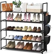 5-layer shoe rack with hooks and side pockets, shoe storage rack, removable shoe cabinet multi-layer simple shoe rack, suitable for vertical black shoe rack at the entrance door