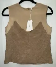 NWT Vince Crinkled Crepon-paneled Satin-crepe Top Chamois / Dune - Size XS $265