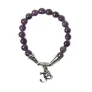 TIGERSTARS HANDCRAFTED GENUINE PURPLE AMETHYST BEADS 'OM' STRETCHY BRACELET