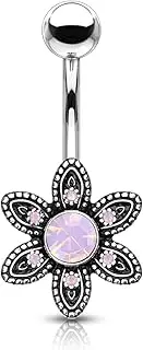 [PiercedOff] Surgical Steel Belly Bar with a Pink Opalite Crystal Flower, Crystal