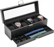 6 Slot Watch Box with Drawer and Glass Lid - Lizardblack