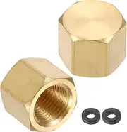 uxcell 2Pcs Brass Hex Head Plug Compression Cap Fitting Stop Valve Cap, 1/8" NPT Hex Thread Pipe Fitting Flare Cap Tubing Ends Sealing Cap with Gasket for Air Conditioner, Water, Gold