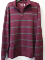 NEW Polo Ralph Lauren Luxury Jersey Quarter-Zip Pullover Burgundy w/Gry stripe L