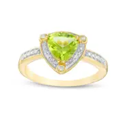 7.0mm Trillion-Cut Peridot and Natural Diamond Accent Frame Ring in Sterling Silver with Solid 14K Gold Plate
