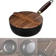 Uncoated Iron Pan - Traditional Chinese, Hand-Forged Non-Stick Iron Pan Without Coating, Wok with Wooden Handle & Lid, Induction Stoves, Camping, Restaurants & Home Kitchen (Wood,11in)