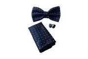 Mens Navy Gridded Squares Matching Bow Tie, Pocket Square & Cuff Links Set