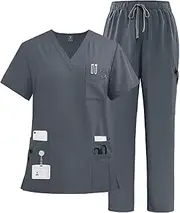 [VIAOLI] Scrubs Set Multiple pockets V-Neck Top and Drawstring Scrub Pant - Medical Uniform Women Scrub Set Clearance