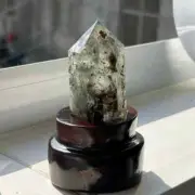 Top! 0.13kg Natural Ghost Quartz Obelisk Reiki Crystal Wand Point Tower + Stand