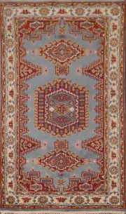 Unique handmade Tribal Light Blue/Red Accent Rug wool Plush Pile 3x5 ft