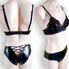 Black stretch lace + PVC two piece lingerie bra /bralette + underwear set OS