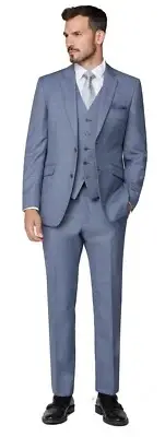 SCOTT Mens Premium Classic Fit Light Blue Sharskin 2 Piece Suit Combination