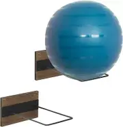 Set of 2, Wood & Black Metal Wire Exercise Stability Ball Wall Storage Holder