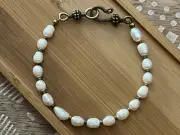 Gorgeous Freshwater Pearl & Bronze Beaded Bracelet W/ Rustic Bronze Hook Clasp