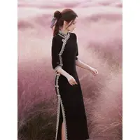在飛比找ETMall東森購物網優惠-旗袍女黑色絲絨民國復古冬季旗袍