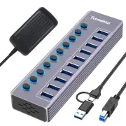 Powered 10-Port USB 3.0 Hub, USB C to 10 Ports USB Data Hub Splitter with Ind...