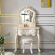 Dressing Table,Vanity Desk with Drawers and Cushioned Stool,Makeup Vanity Table Set with Mirror and Light,European Retro(A)