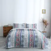 Lunoroey Bedspread Double Size Quilted Bedspread Blue Bohemian Coverlet Sets Light Blue Floral Striped Patchwork Quilt Bed Spread Bed Throws With 2 Pillowcases for All Seasons