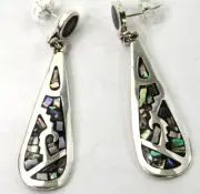 Vintage Taxco Abalone Inlaid Drop Dangle Earrings Post Backs Sterling Silver