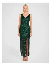 [Pilgrim] Saige V Neck Sequin Gown in Emerald