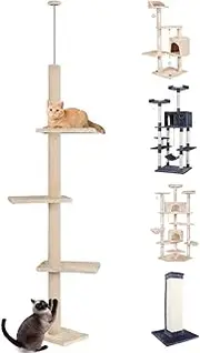 BEASTIE Cat Tree 230-286cm Floor-to-Ceiling Adjustable Cat Tower, Multi-Level Cat Scratcher Tower, Cat Condo Play House Wood Furniture for Kittens Climbing, Beige
