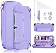 9 in 1 Carrying Case for Nintendo Switch OLED, GLDRAM Cute Accessories Kit with Travel Case, Hard PC Cover, Glass Screen Protector, Thumb Grip Caps, Wrist Band, Shoulder Strap for Girls - Purple