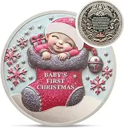 Cute Baby's First Christmas Challenge Coin - Silver Xmas Decorations Commemorative Coin - Always Believe Santa Claus Collectible Token Decor - Snowy Village Christmas Gift for Family Friend Girl