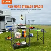 SKYSHALO Portable Camp Kitchen Foldable Outdoor Cooking Station with Carrying Case Extended Aluminum Table 3 Auxiliary Tables Dual Shelves & Removable Sink