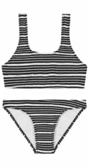 $49 Seafolly Girl Black White Stripe Textured Bikini Set Swimsuit Size AUS/US 12