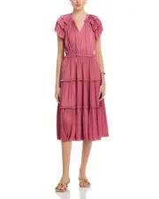 T Tahari Flutter Sleeve Split Neck Flare Airflow Dress