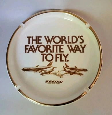 RARE Vintage Boeing AIRPLANE Ash Tray From 1980's New Gold Trim
