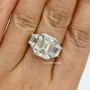 7 CT Emerald Moissanite Three Stone Claw Prong Engagement Ring 14K White Gold