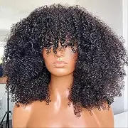 Afro Kinky Curly Brazilian Short Curly Wig with Bangs Full Machine Made Scalp Virgin Human Hair Wigs Natural Color 16 Inch