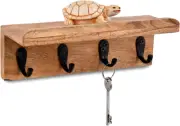 Acacia Wood Rustic Key Holder for Wall, Farmhouse Wall Shelf with 4 Hooks for En