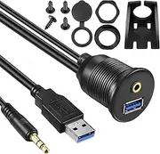 Tunghey USB Flush Mount Cable - 3.5mm & USB 3.0 AUX Extension for Car, Boat, Motorcycle - 2M Panel Mount Cable
