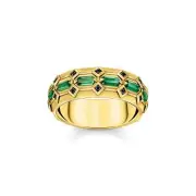 THOMAS SABO Wide Gold Plated Crocodile Ring with Green Stones