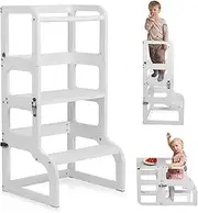 Toddler Kitchen Step Stool with Safety Rail, 2 in 1 Convertible Kids Standing Tower or Montessori Learning Table, MDF Child Standing Helper for Bathroom Counter, White