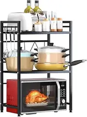 NETEL Large Capacity Microwave Oven Shelf with 8 Hooks, Stainless Steel Expandable Microwave Oven Rack, 3-Tier Kitchen Organizer Shelf Racks, Bakers Rack, Black