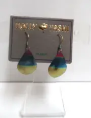 NOS Signed Holly Yashi Leaf Shape Hammered Niobium Multicolor Drop Earrings