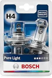 Bosch H4 (472) Pure Light Halogen Headlight Bulb, 12V 60/55 W, Original Quality - Socket Type P43t - Pack of 2 Replacement Car Light Bulbs