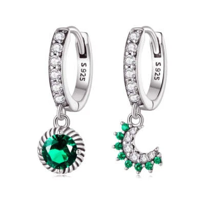 Sterling Silver Green Sun & Moon Huggie Hypoallergenic Earrings