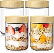 4-pack Glass jars with Airtight Lids, Anfower Overnight Oats Containers with Bamboo Lids, Wide mouth Mason Salad jars, Glass Food Storage Containers for Snacks Yogurt Spice Sugar (480ml)