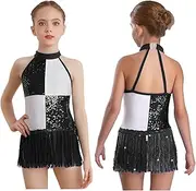 [iiniim] Girls' Sequins Latin Dance Dress Bodysuit Rumba Samba Dance Costume Fringed Leotards