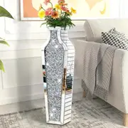 FIN Sparkling Crushed Diamond Mirrored Floor Vase Tall Silver Glass Fake Flower Vase